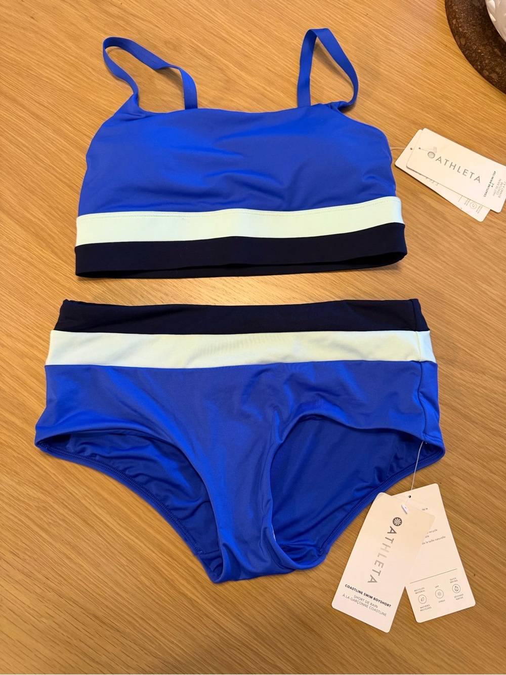 Athleta coastline boyshort and swim Bikini with blue and Light blue Stripe NWT